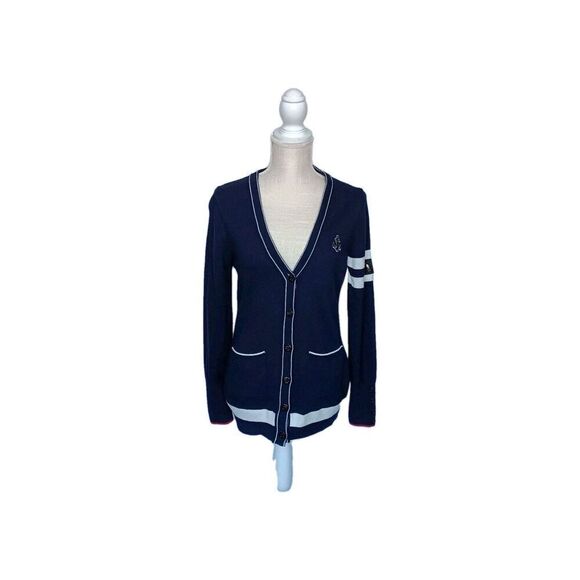 Marina Yachting Size S Navy Blue/Red White Button Front Wool Blend Cardigan - Picture 1 of 10